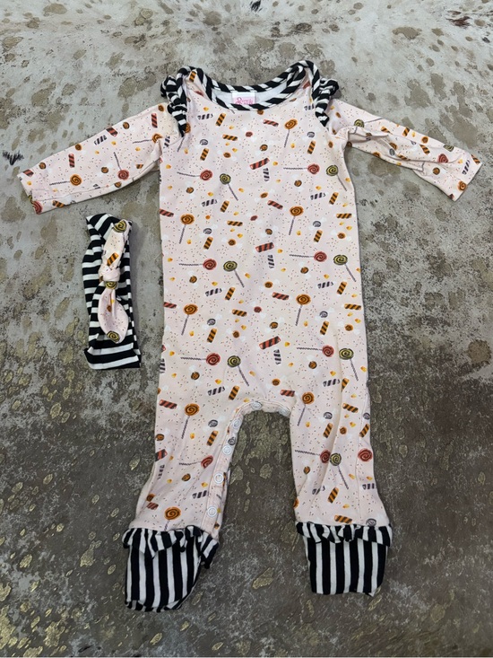 Ricrac & Ruffles Other - Pink Candy-Print Footie with Striped Trim and Headband